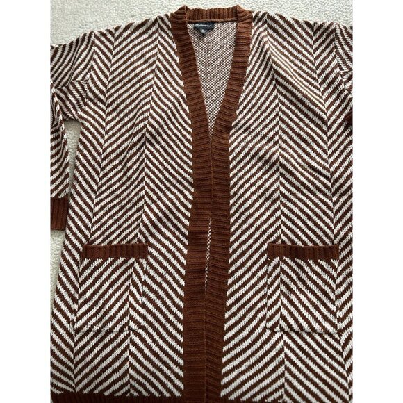 Fortune+Ivy Stitch Fix Women's Chevron Open Cardigan Sweater Rust/White Sz XL - Picture 2 of 8